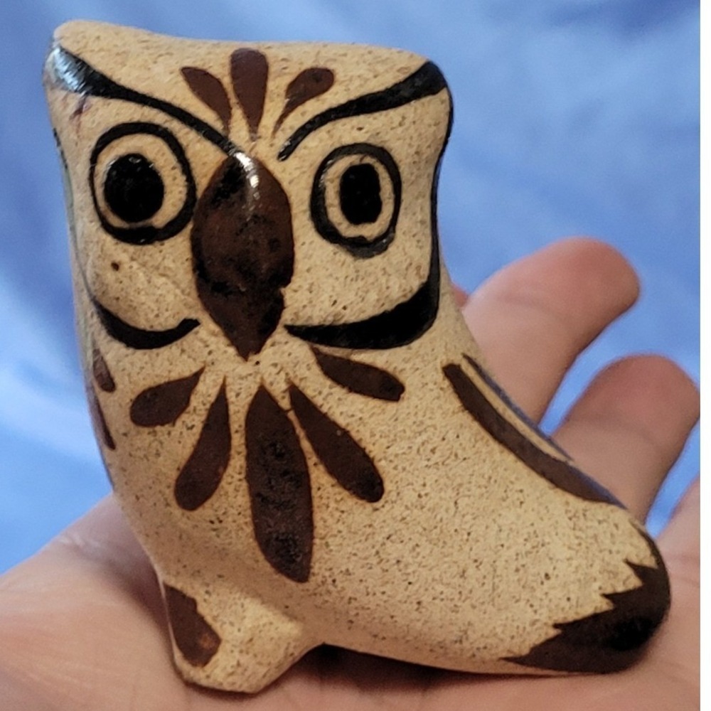 Vintage Netzi Tonala Mexican‎ Pottery 2"  Owl Bird Folk Art Hand Painted Floral